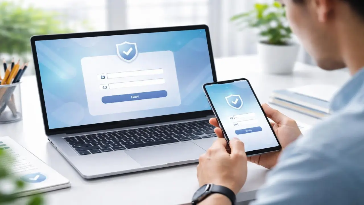 A person uses a smartphone to verify a login code while a laptop displays a secure authentication screen with a shield icon, representing two-factor authentication.