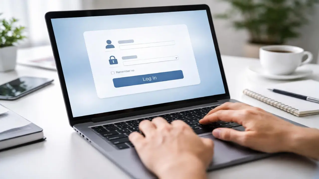 Close-up of hands typing on a laptop keyboard with a login form on the screen, showing username and password fields and a “Log In” button, with a notebook and coffee nearby.
