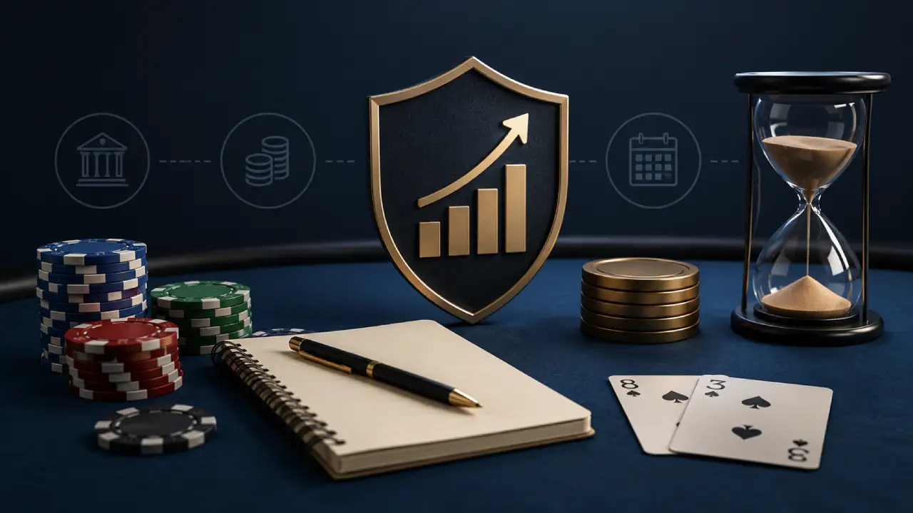 Baccarat bankroll management concept with casino chips, playing cards, a notebook, growth shield and hourglass representing disciplined betting.