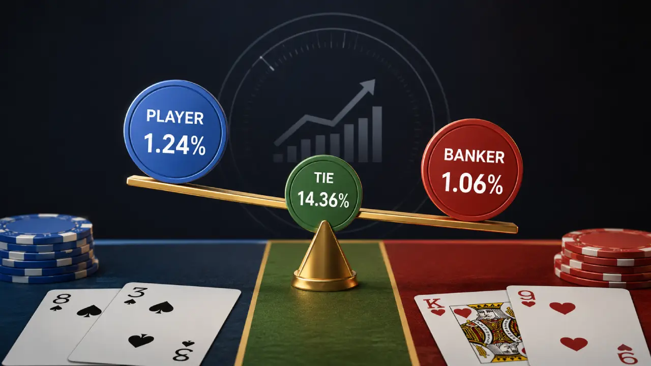 Baccarat house edge comparison showing Banker at 1.06%, Player at 1.24%, and Tie at 14.36% on a balance scale.