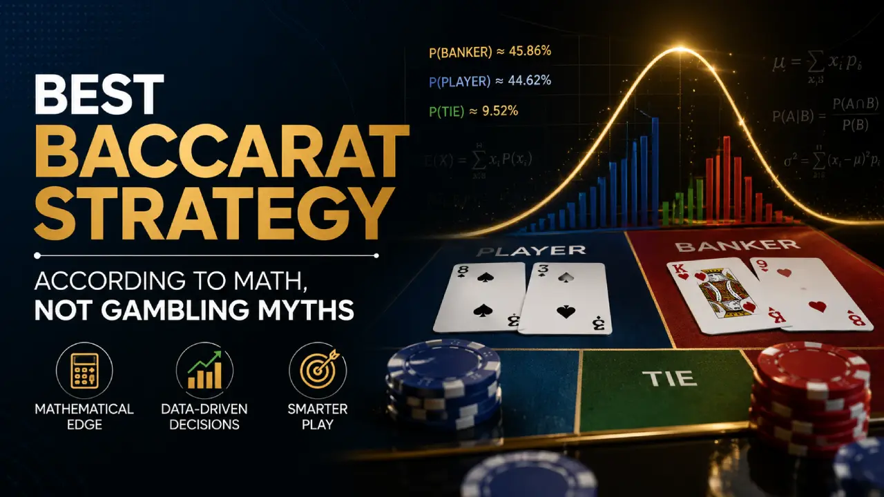 Best baccarat strategy based on math, featuring banker, player and tie probabilities with cards, casino chips and statistical charts.